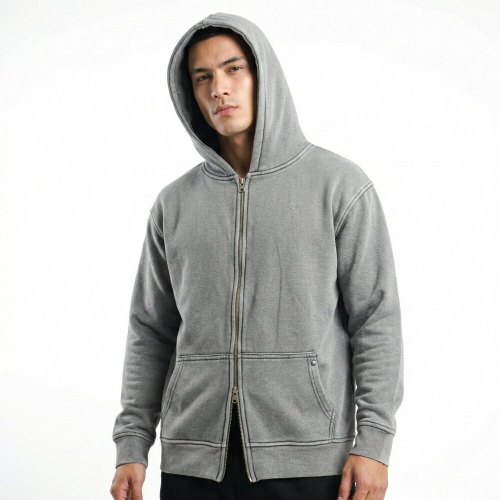 High Level HL Grey Two-way Zip-up Hoodie Stone Washed Vintage Men